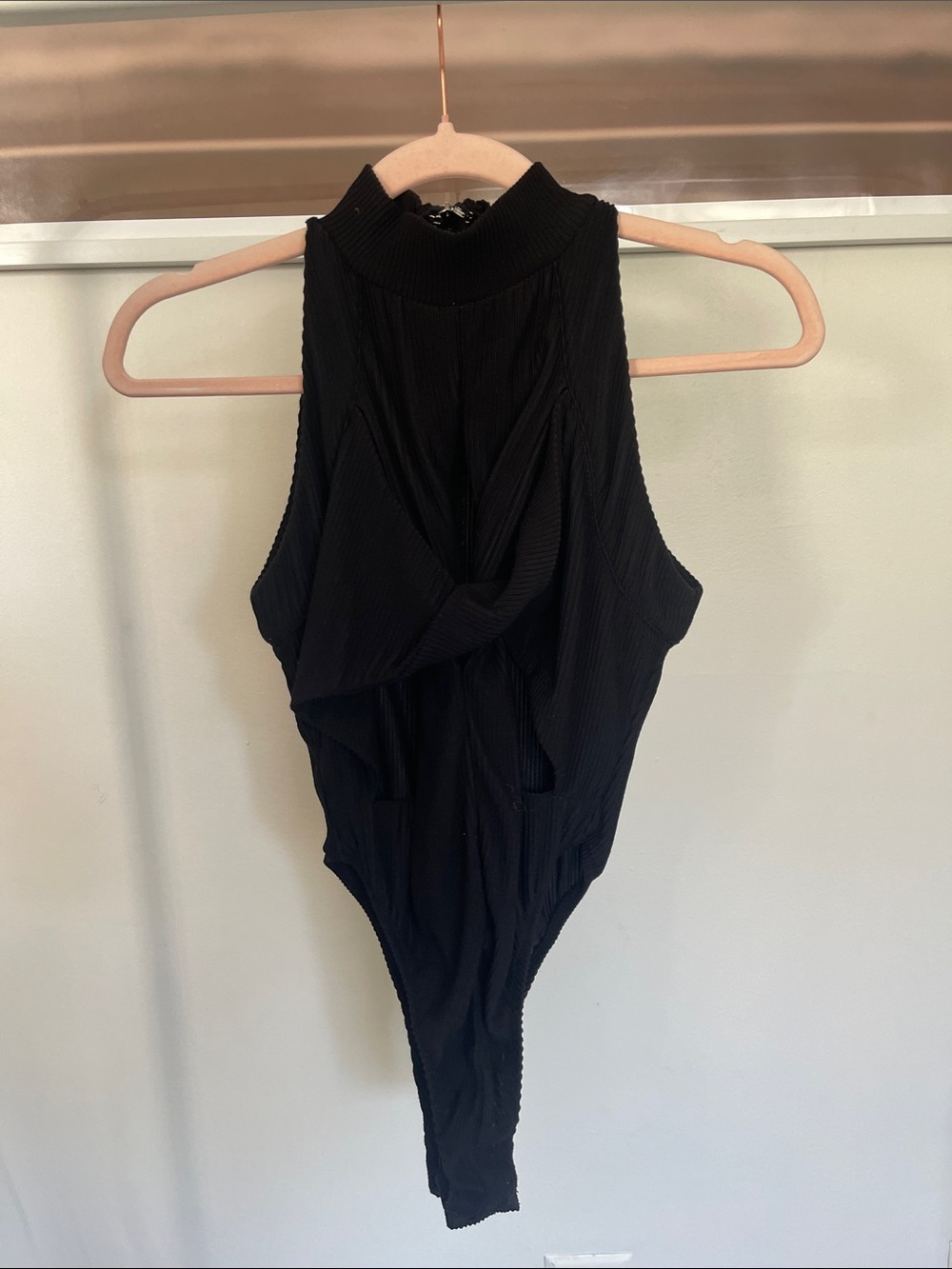 Maniere De Voir Black Ribbed Twist-Front Halter Bodysuit